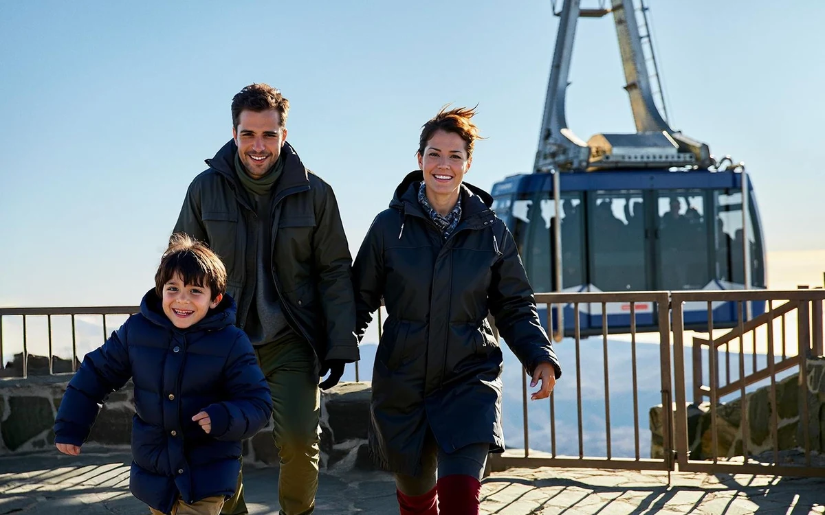 A family walking on a viewing platform on the mountain with a cable car cabin behind them