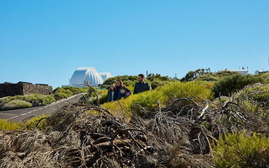 White observatory domes spread across the scrubland of the mountainside
