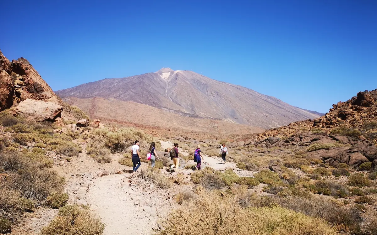 The cone of Mount Teide seen from the road climbing towards the national park